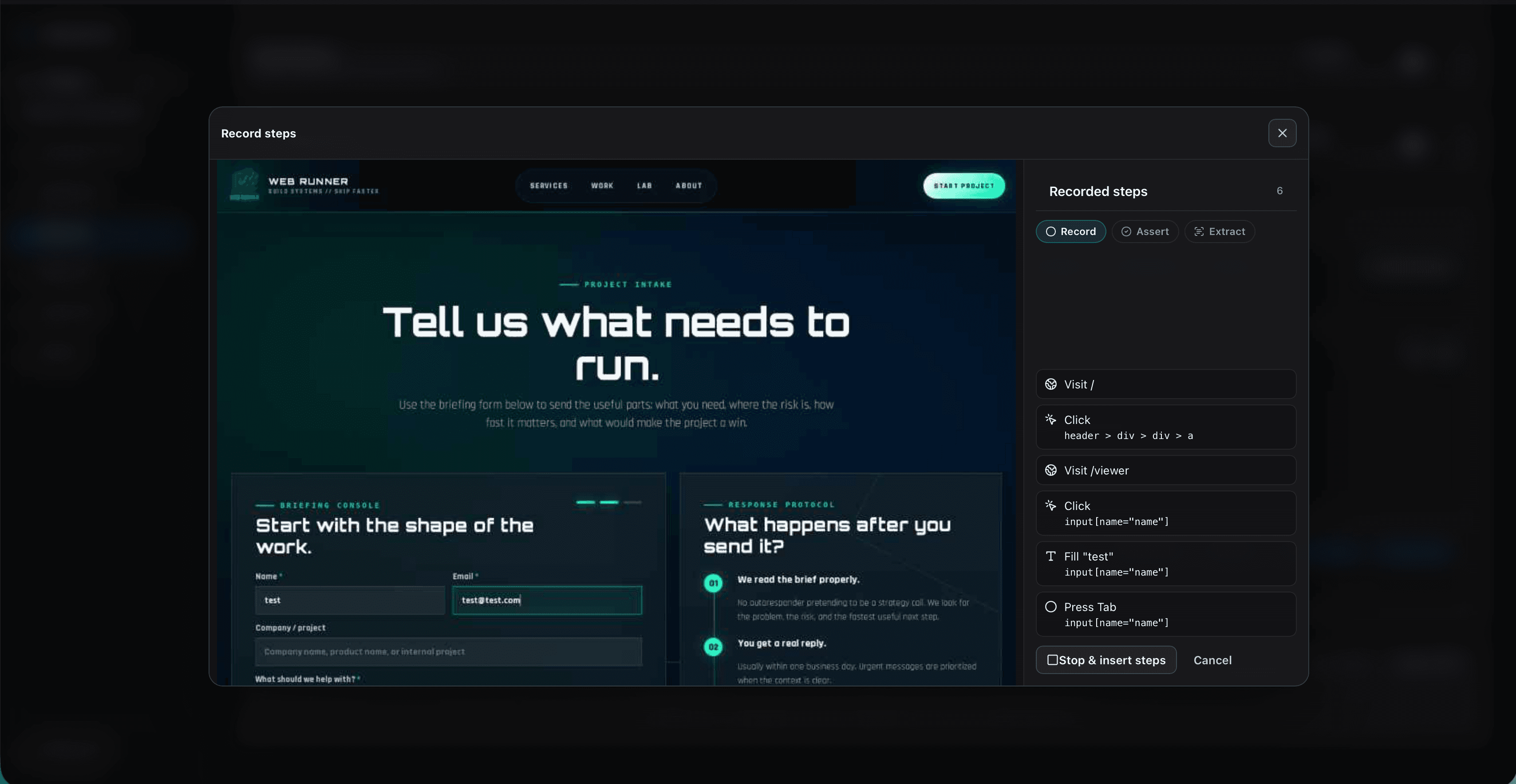 Flow Lab recorder capturing and verifying steps in real time