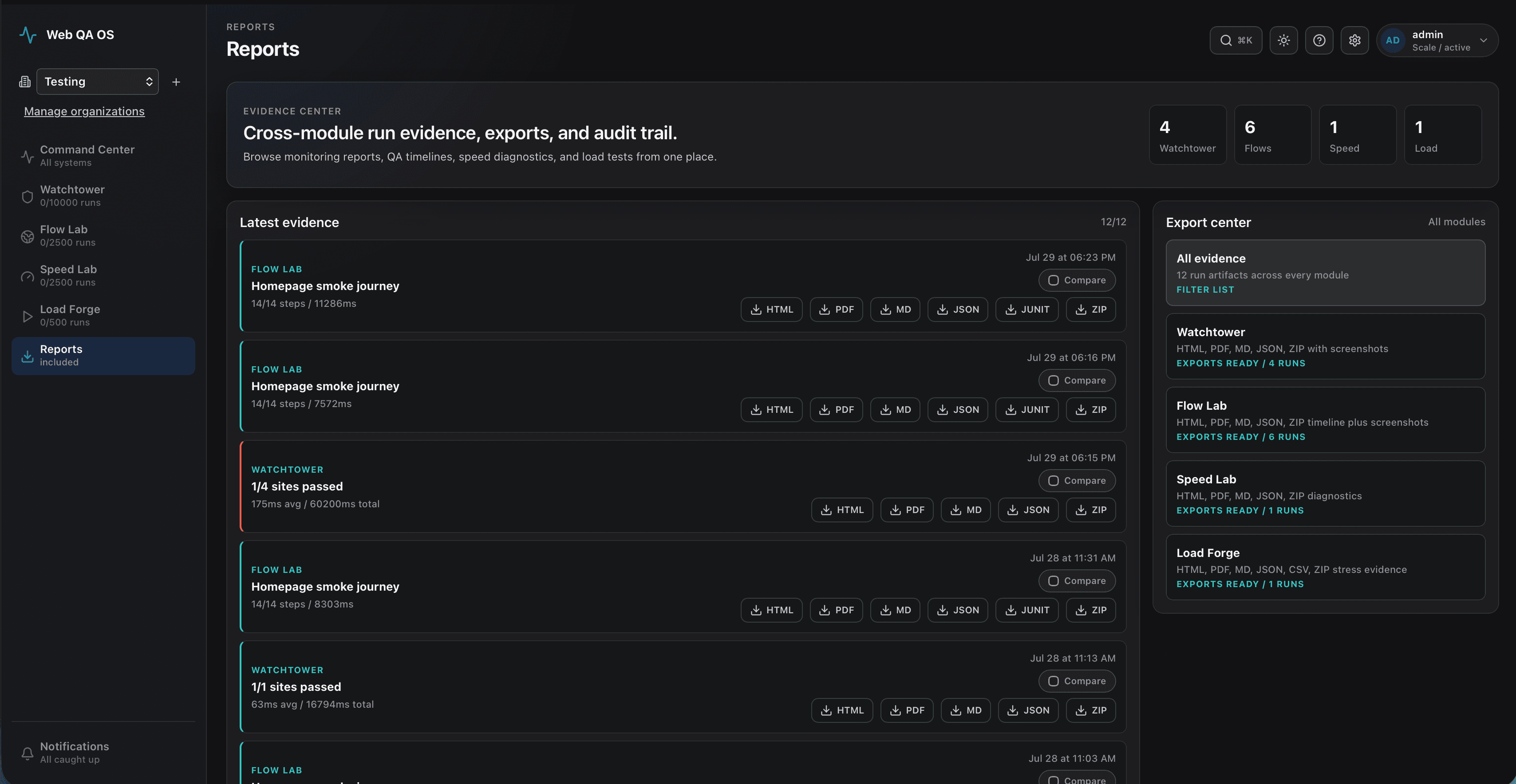 Web QA OS Reports — cross-module evidence and export center